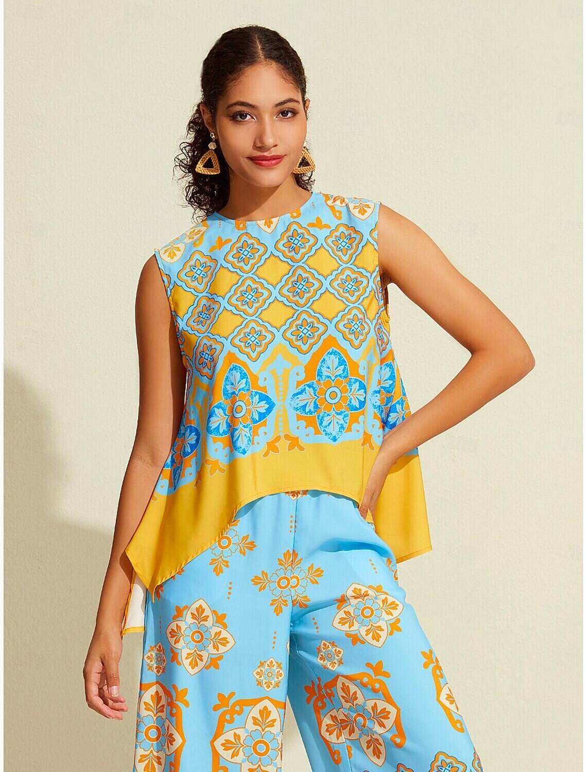 Satin Boho Double Slit Crew Neck Sleeveless Tank Top