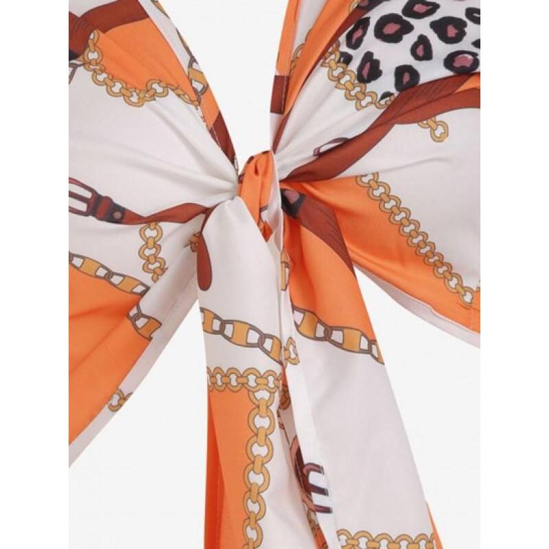 Chain Leopard Print Tie Front Crop Blouse VK7956