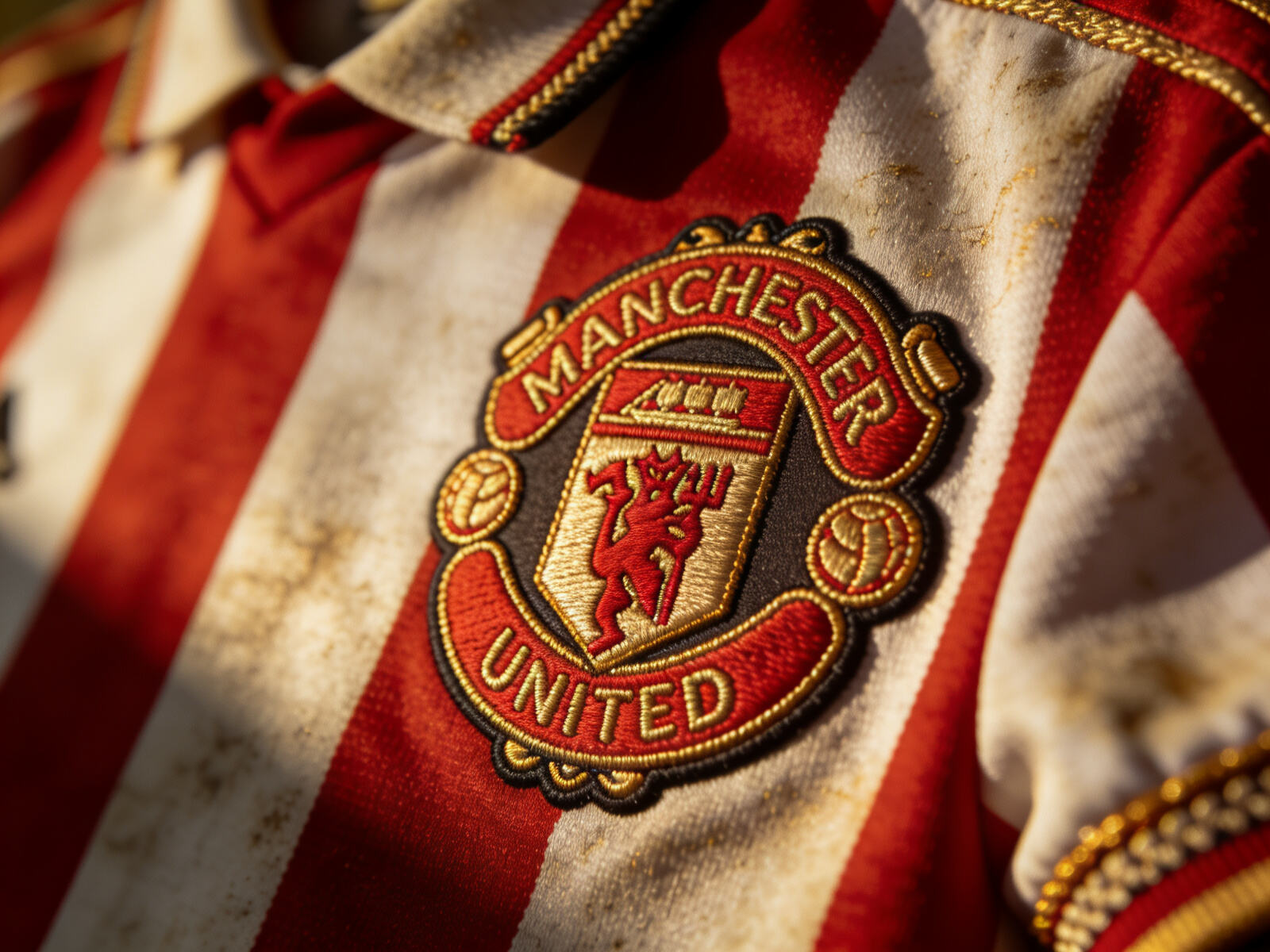 Close-up detail of a unique soccer jersey fabric pattern and embroidered club badge, showcasing the art and design elements of a Premier League shirt.