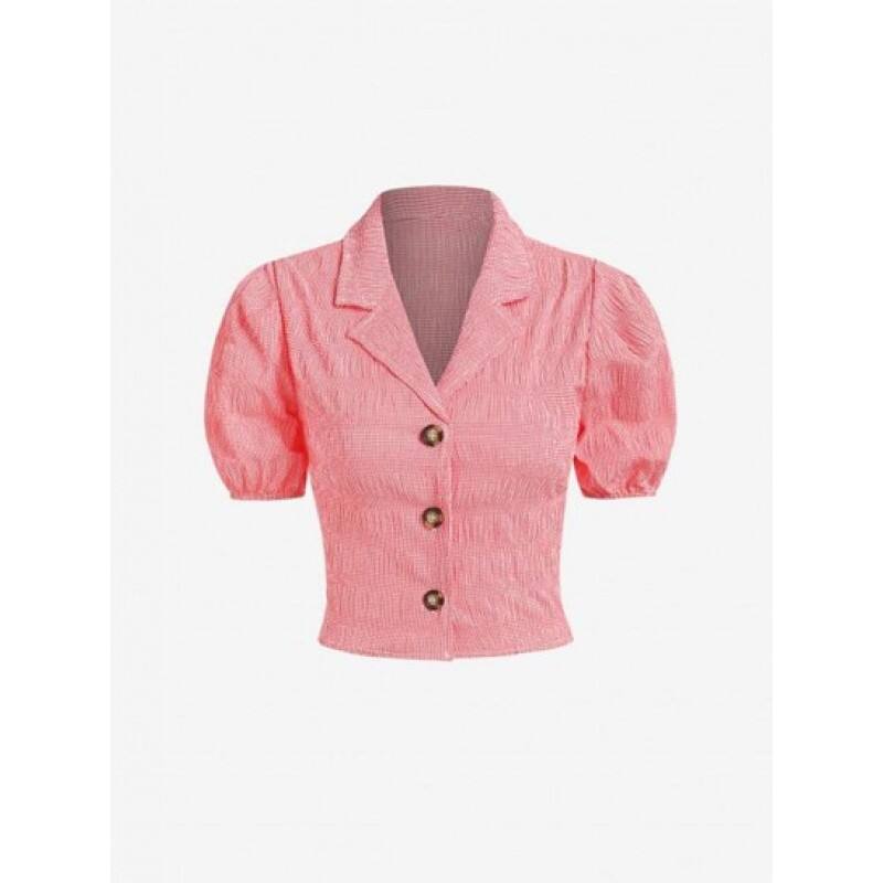 Button Up Puff Sleeve Gingham Cropped Shirt AS7313