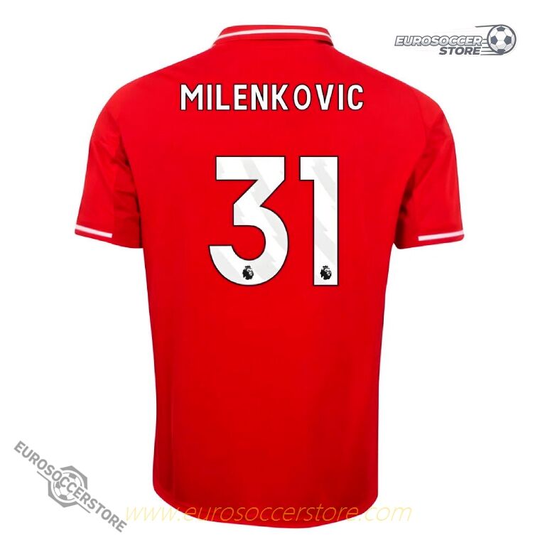 Nottingham Forest 25-26 Season Home Jersey, Featuring MILENKOVIC with Shirt Number 31
