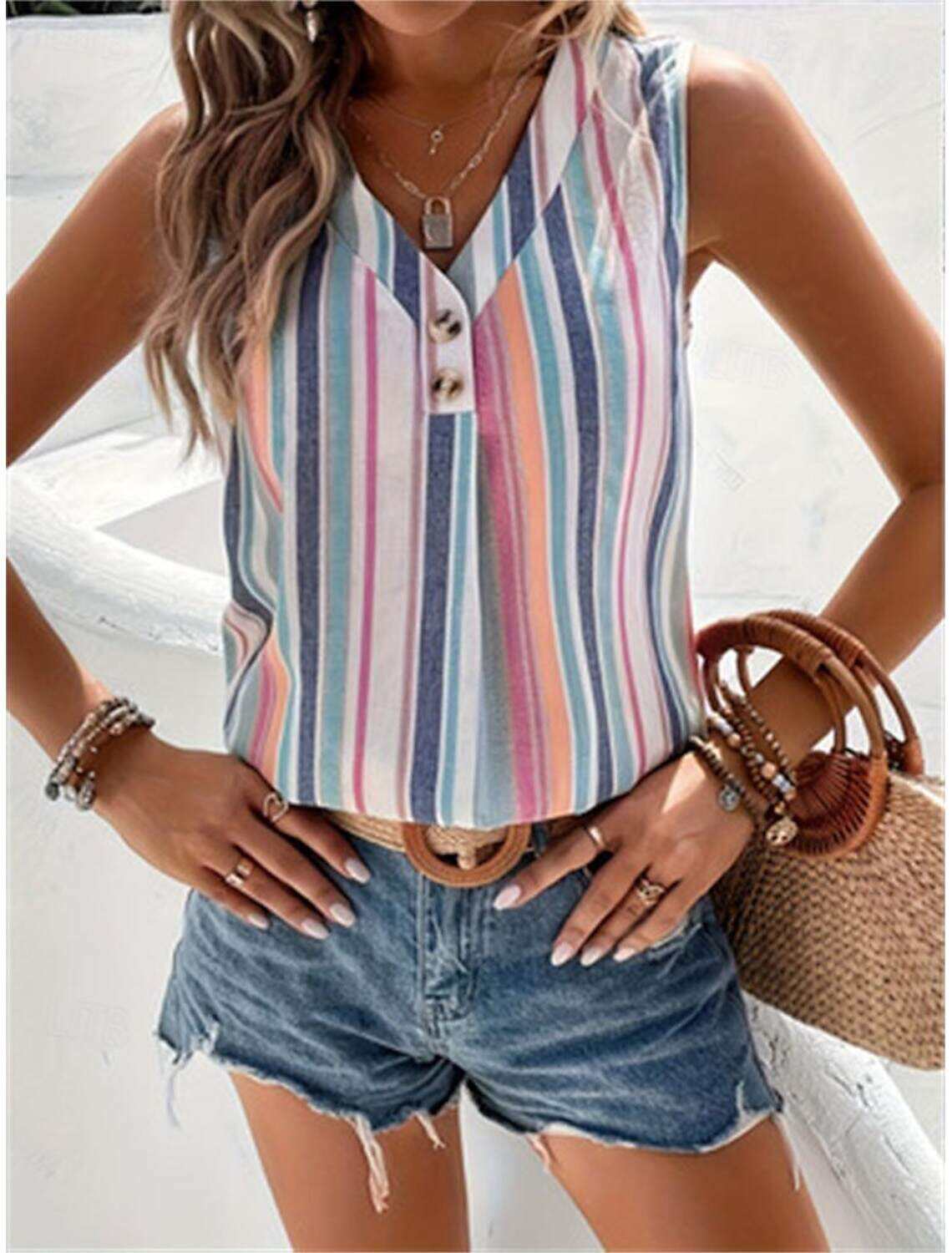 Women's Tank Top Casual Striped Buttons Print Sleeveless Regular Tops V Neck Daily Summer