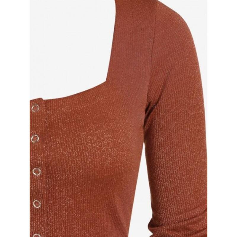 Snap Button Cropped Metallic Ribbed Tee KM5867