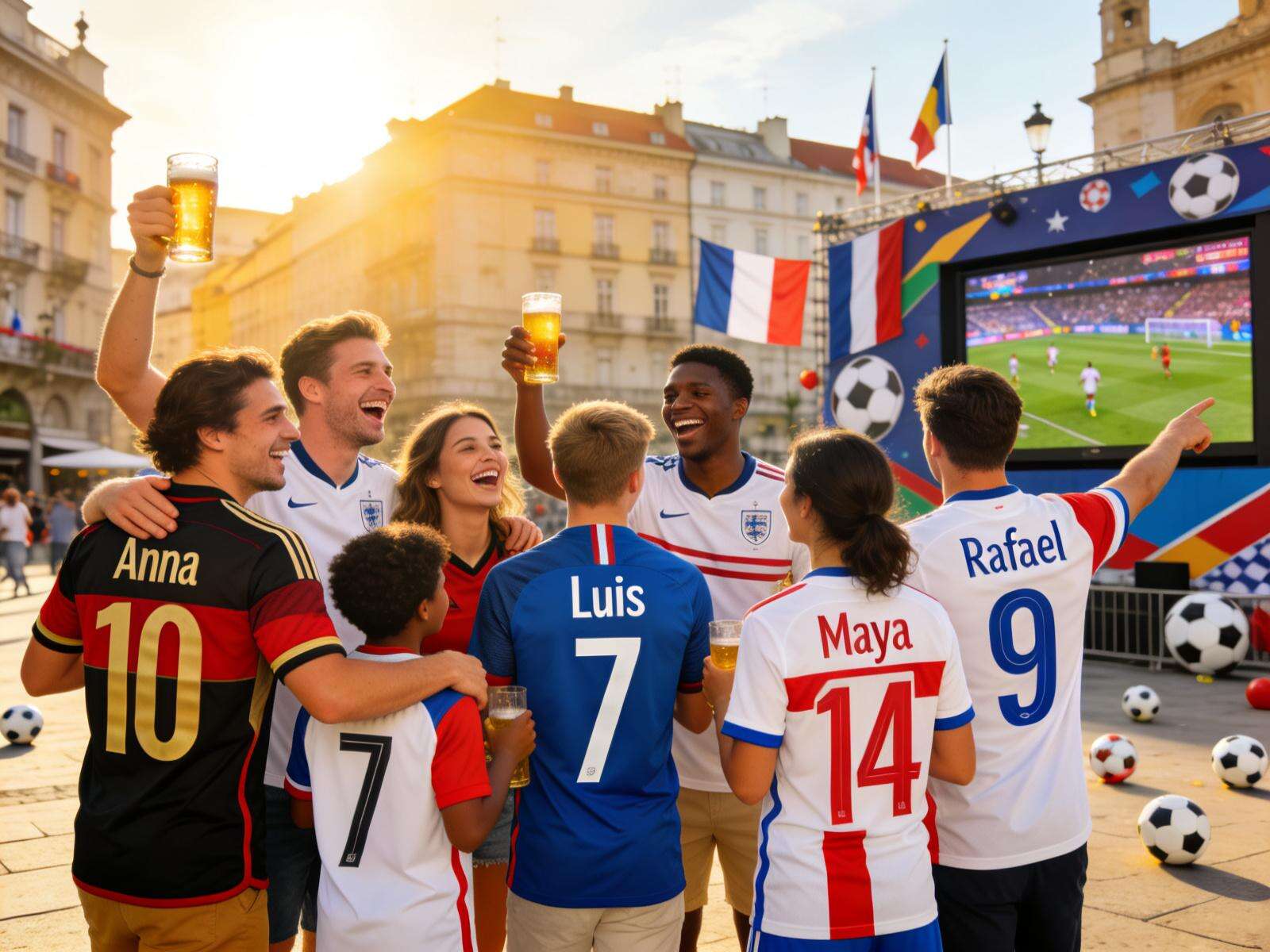 A diverse group of friends/family at a watch party or in a European city square, all wearing cohesive but uniquely personalized jerseys from the same nation, laughing and celebrating.