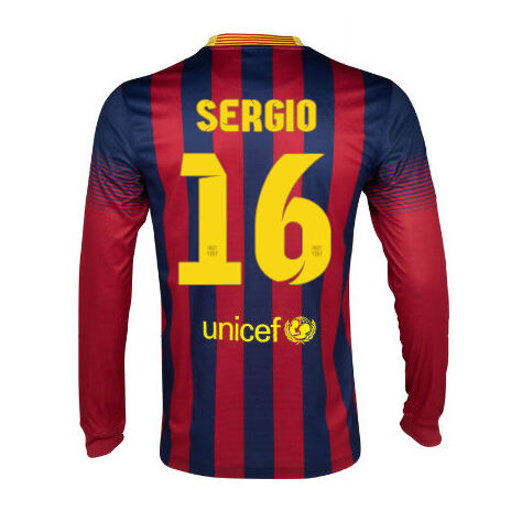 13-14 Barcelona 16 Sergio Home Long Sleeve Soccer Jersey Shirt -