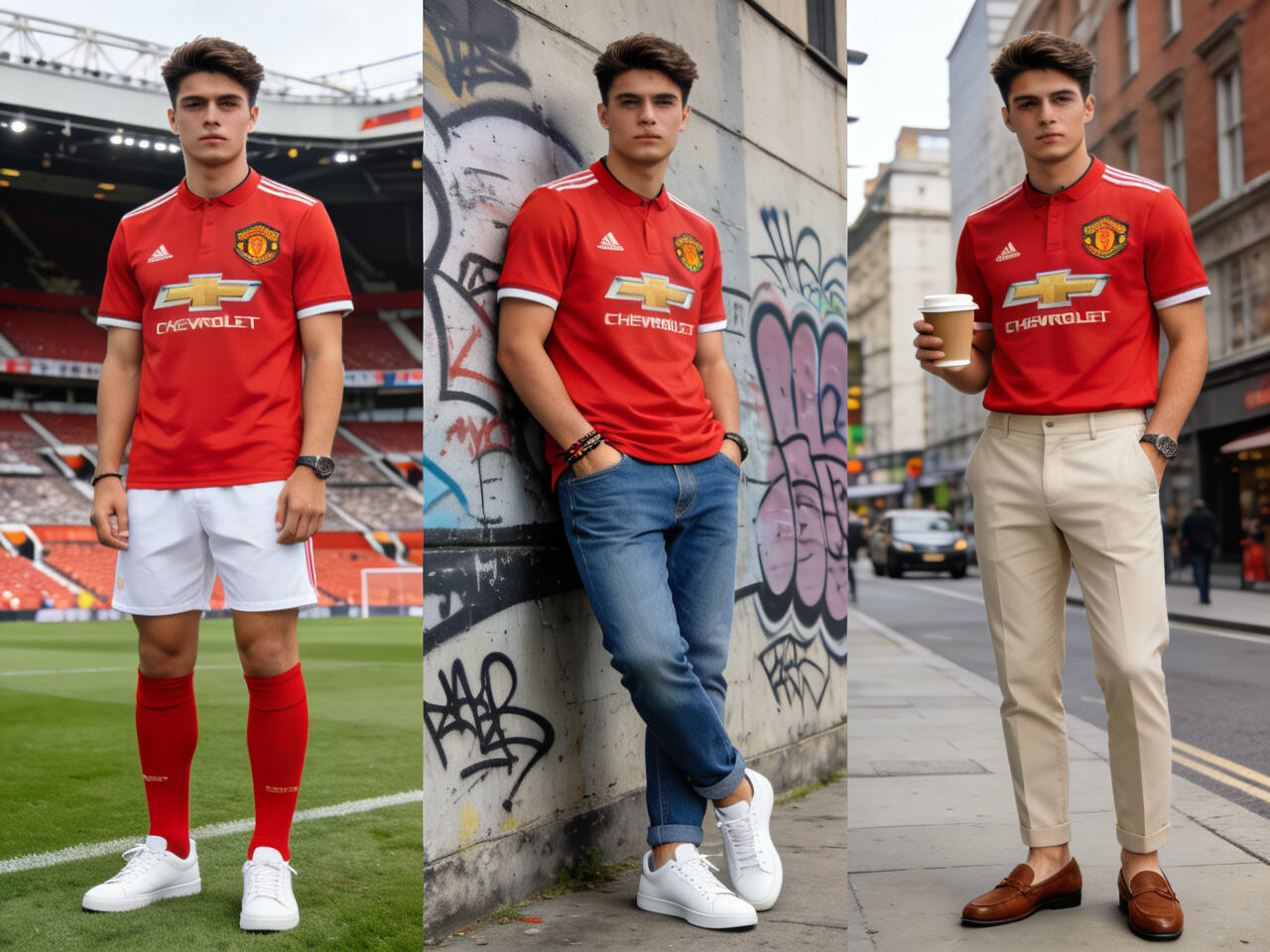 A lifestyle collage showing one person styling the same team jersey in three different ways: full game-day gear, casual streetwear, and smart-casual attire, demonstrating versatile fan fashion.