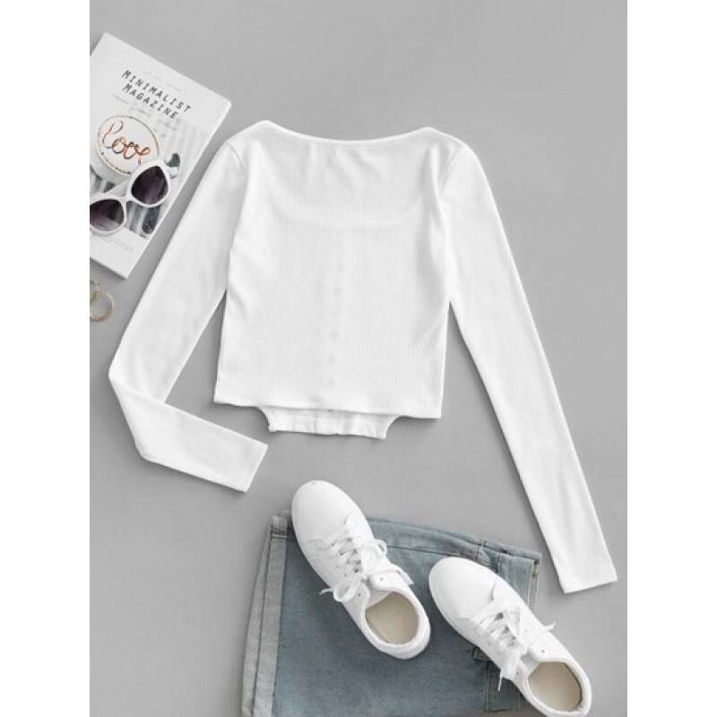 Square Collar Rib-knit Grommets Crop Top ZP2253