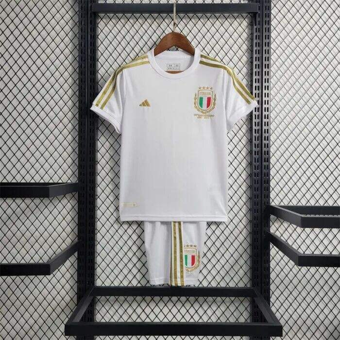 Kids Italy 2023 125th Anniversary White Football Kit ShirtShorts -