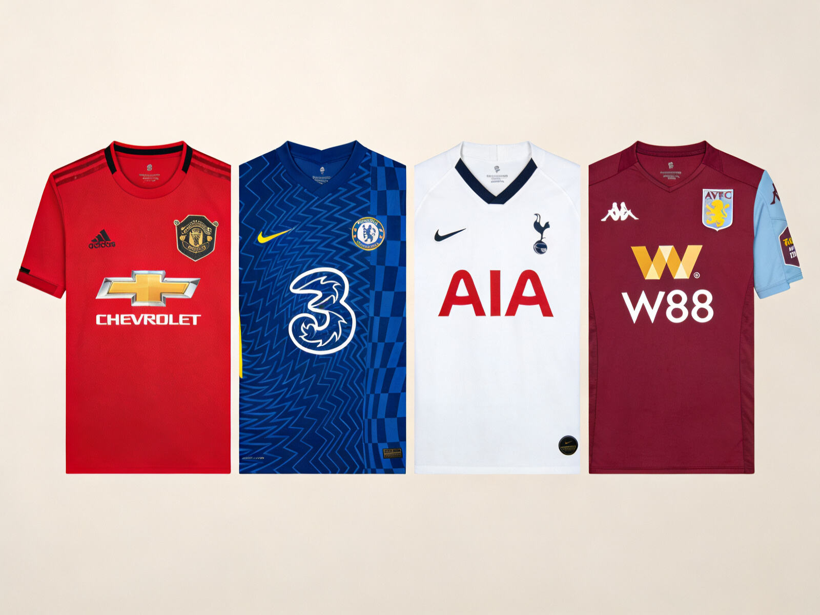 Vibrant collage of Premier League jerseys showcasing the color psychology spectrum - fiery red Liverpool and Manchester United kits, calm blue Chelsea and Man City shirts, and pure white Tottenham jersey