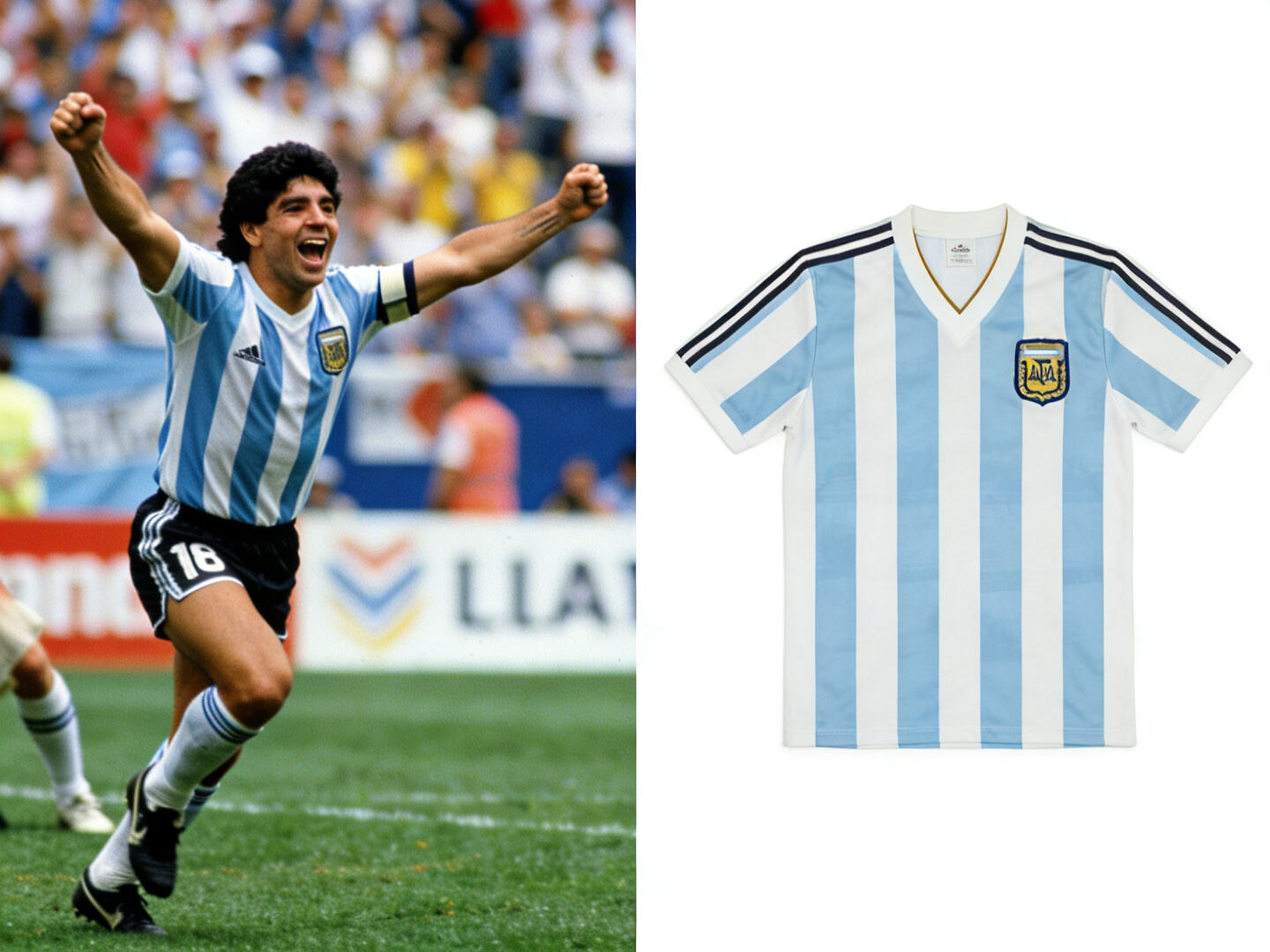 Side-by-side image: Maradona in the 1986 jersey celebrating, and a clean product shot of the jersey.