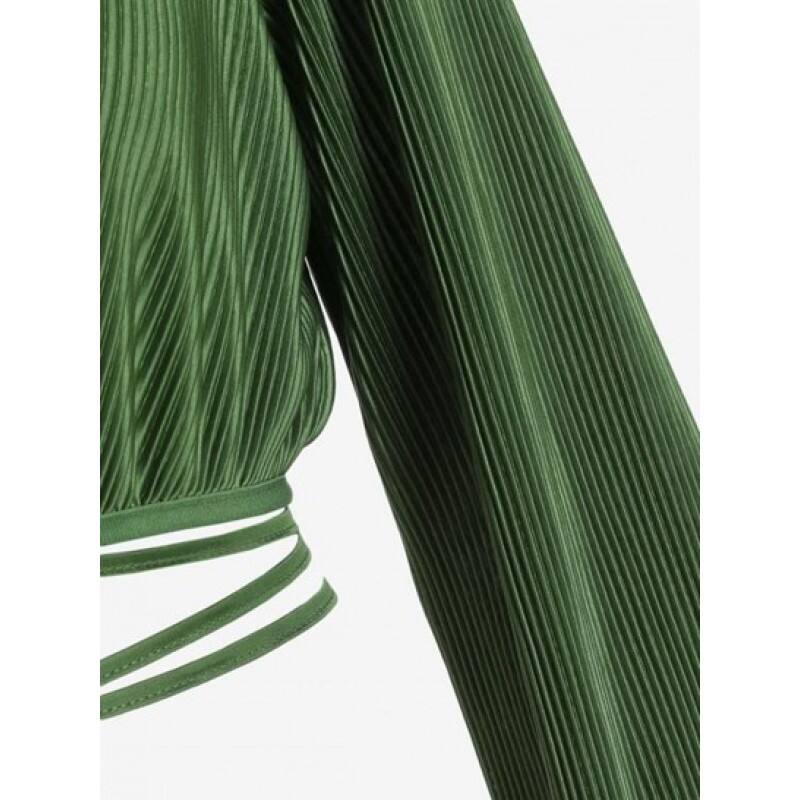 Long Sleeve Plisse Cropped Wrap Blouse FN6272