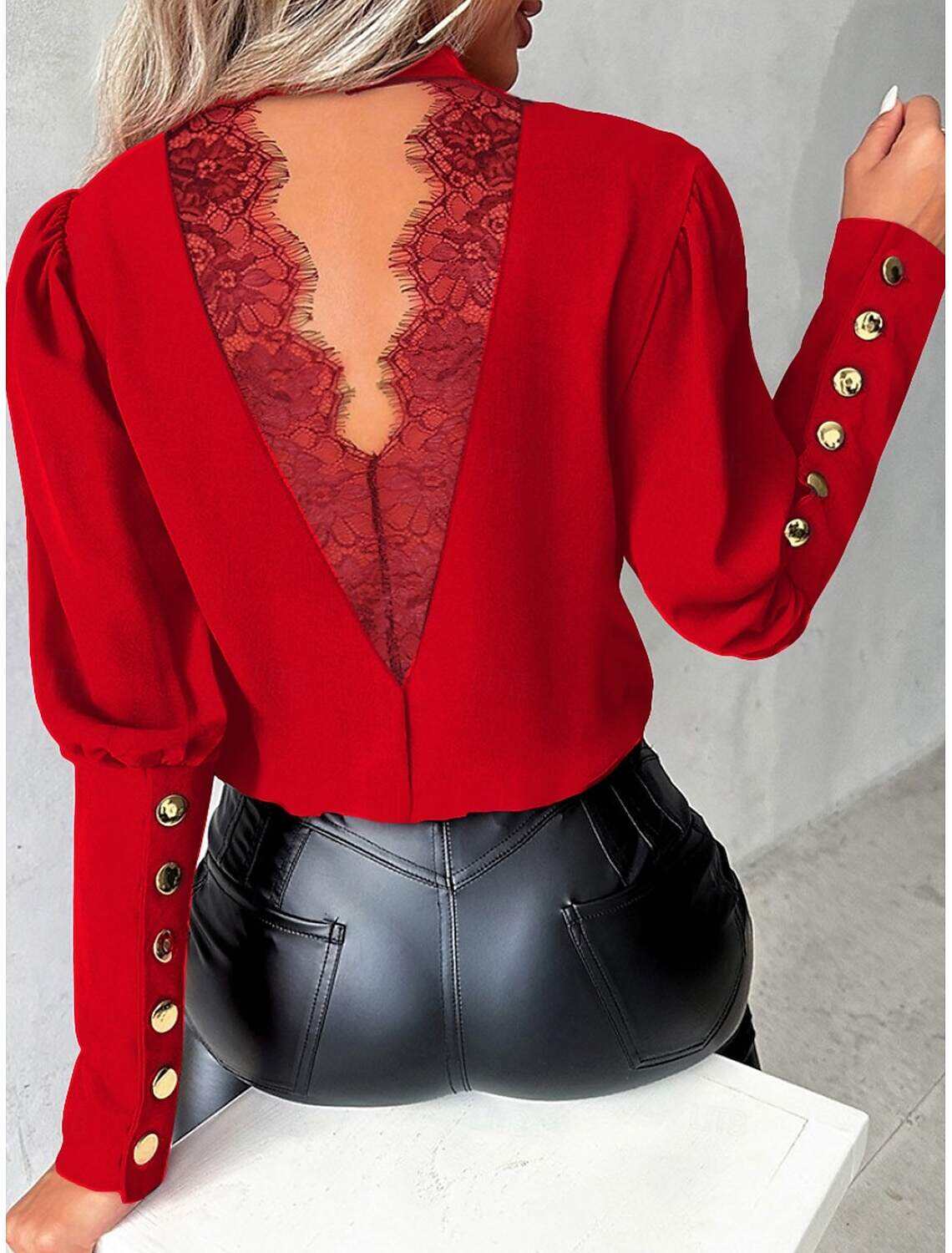 Women's Shirt Blouse Elegant Ladies Stylish Solid Color Long Sleeve High Neck Lace Buttons Slim Work Spring Fall Winter