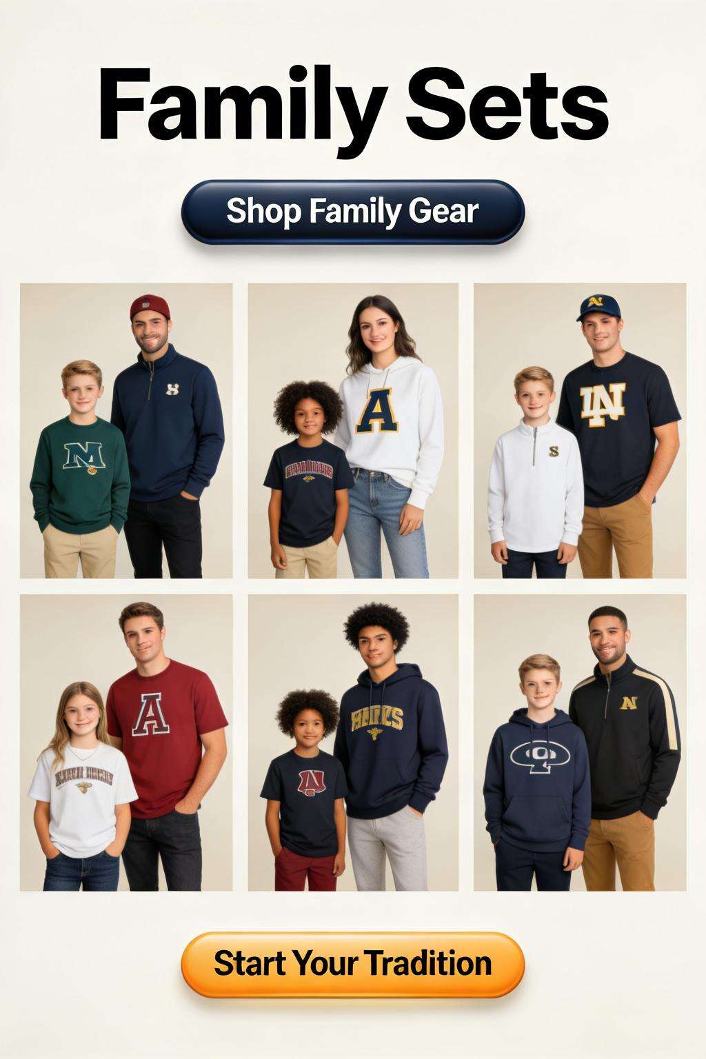 Screenshot of FanBase Outfitters website showing the ‘Family Fan Kits‘ collection page with options for matching NCAA gear for all ages.