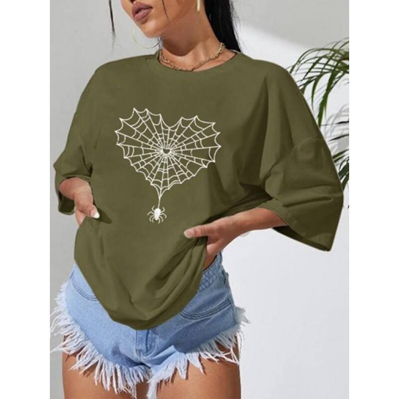 Halloween Spider Web Spider Print Drop Shoulder T Shirt MG0675