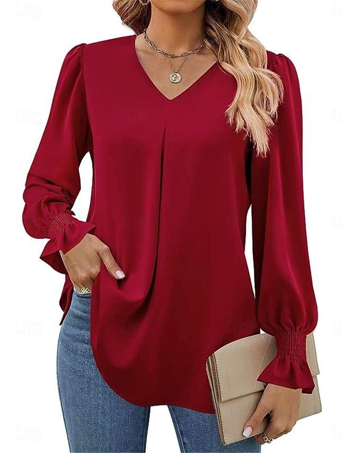 Women's Shirt Blouse Basic Casual Solid Color Regular Tops Long Sleeve V Neck Regular Fit Daily Fall Winter