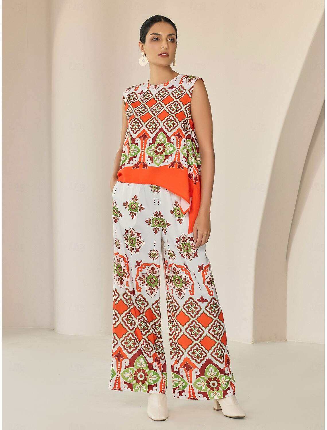 Satin Boho Double Slit Crew Neck Sleeveless Tank Top