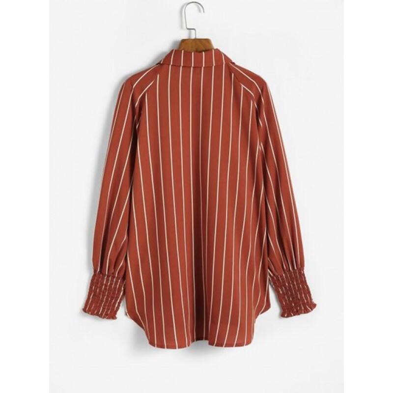 Stripes Shirred Sleeve Tie Button Down Shirt QN4206