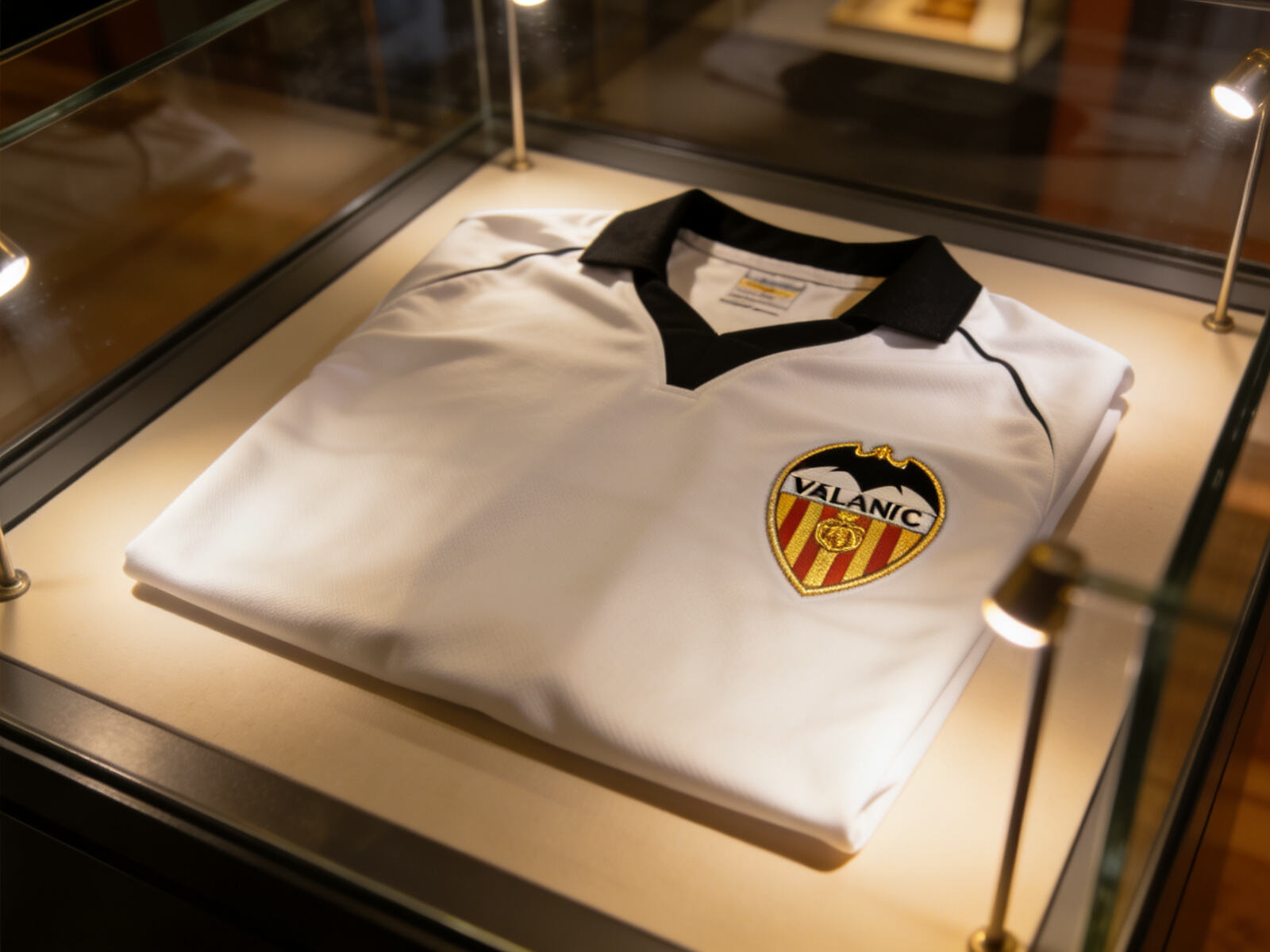A Valencia jersey displayed in a museum-like setting, highlighting its classic crest and lines