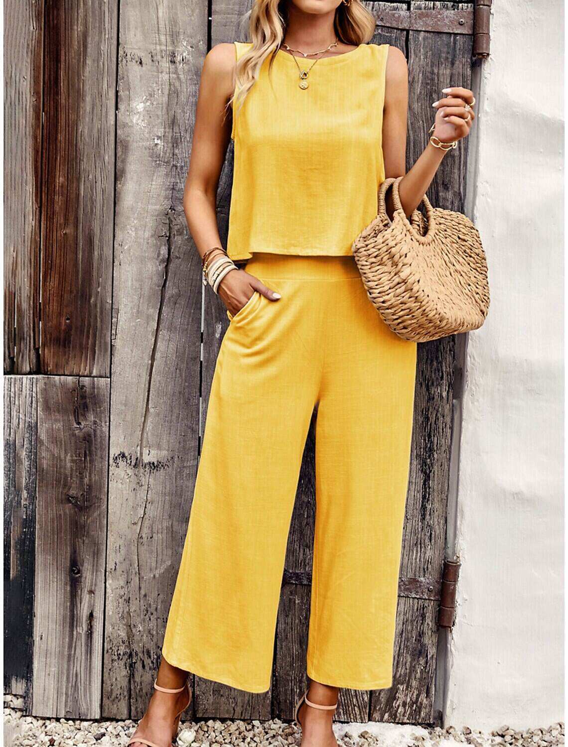 Tank Top Pants Sets Women's Solid Color Casual Daily Fashion Round Neck Regular Fit S