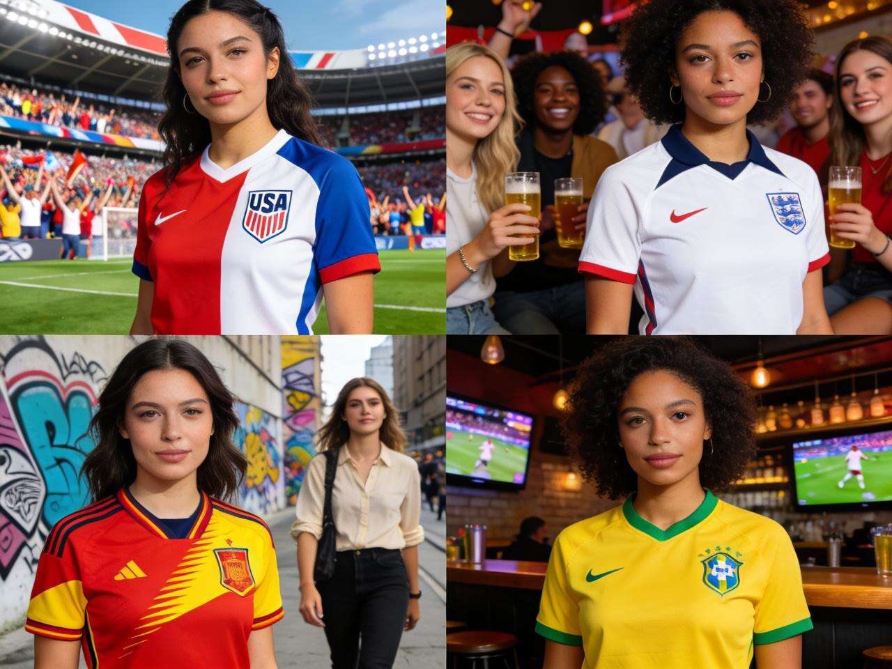 A collage of 3-4 different women from diverse backgrounds, each wearing a different national team's female-cut jersey (e.g., USA, England, Spain, Brazil). They could be in different settings: at a stadium, a watch party, and casually in a city.