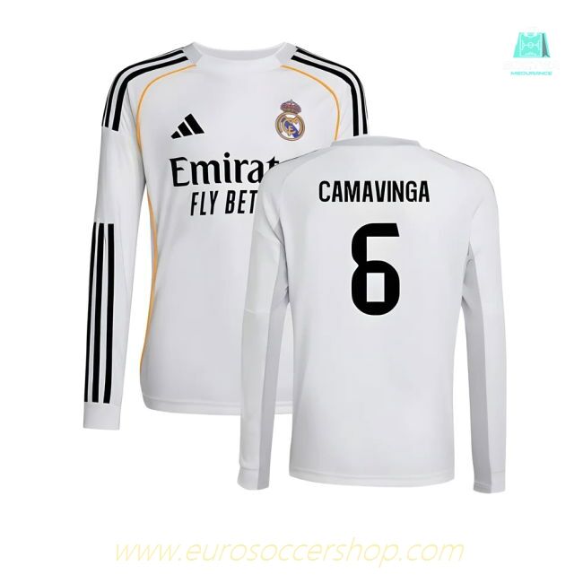 2025-2026 Real Madrid Long Sleeve Home Shirt (Kids) (Camavinga 6)