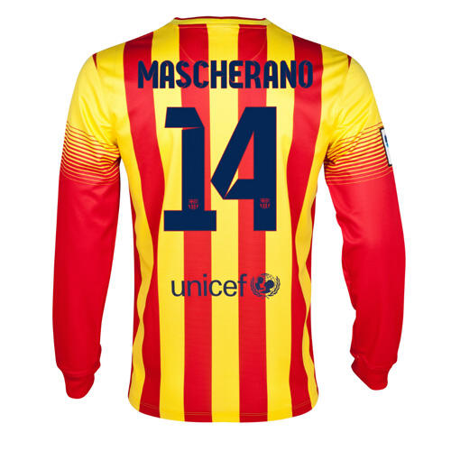 13-14 Barcelona 14 Mascherano Away Long Sleeve Soccer Jersey Shirt -