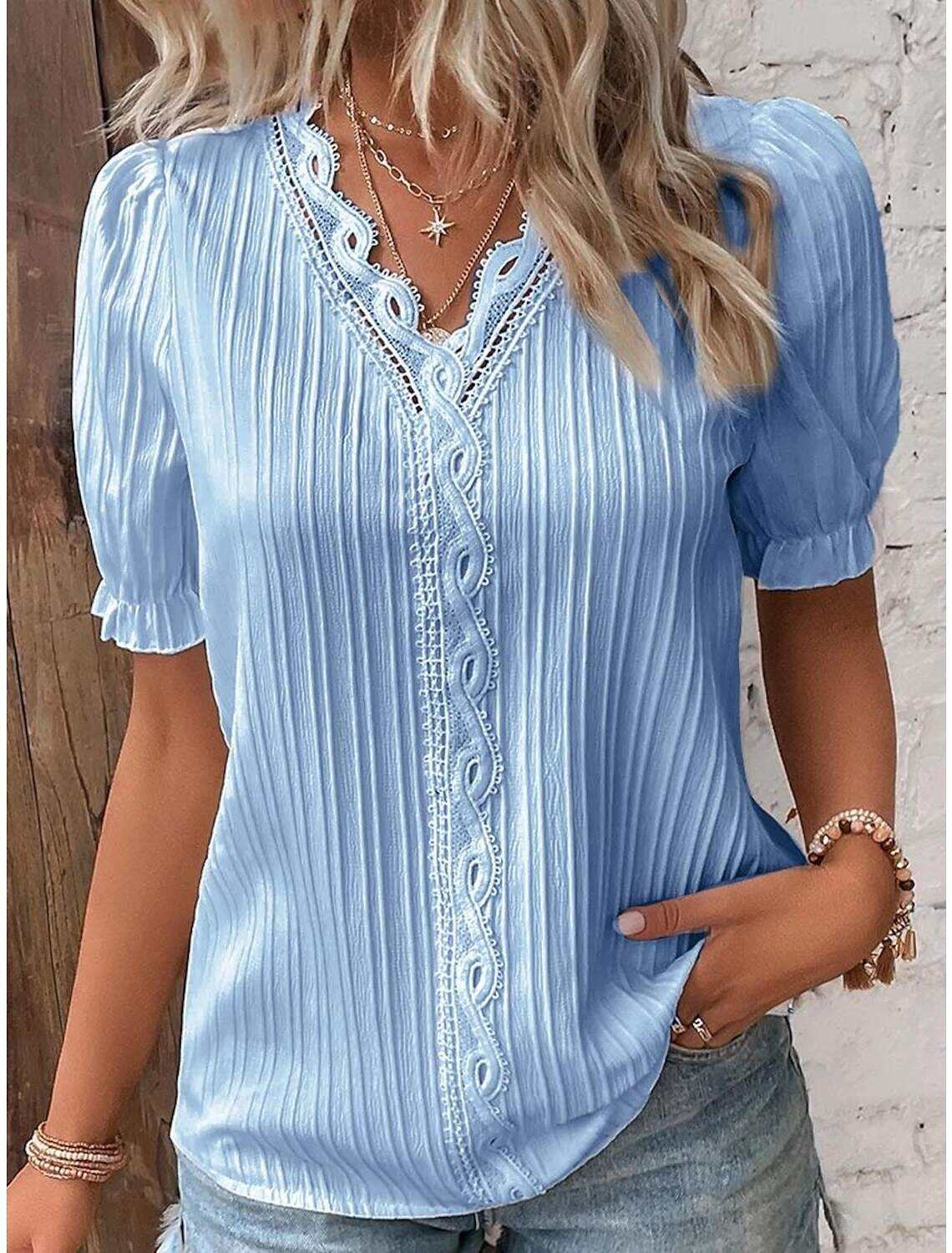 Women's Elegant Lace Tops Eyelet Blouse Ethnic Floral Lace Puff Sleeve Short Sleeve V Neck Daily Romantic Petite Tops Summer Holiday Wear Summer