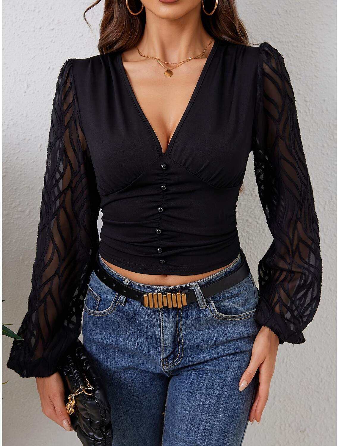 Shirt Blouse Women's Plain Mesh Street Daily Fashion V Neck Regular Fit S