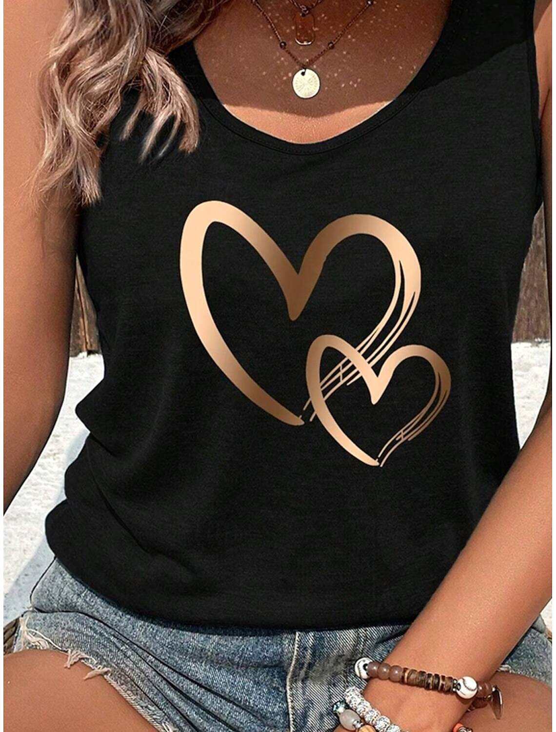 Women's Tank Top Fashion Heart Regular Tops Sleeveless Crew Neck Print Regular Fit Daily Summer