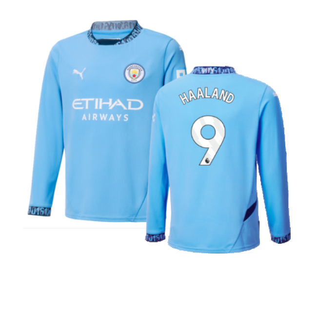 Replica Football Man City Home Long Sleeve Shirt Kids Haaland #9 P...