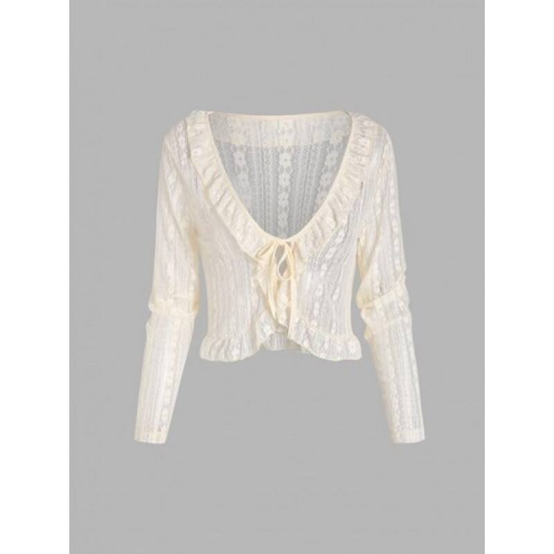 Floral Lace See Thru Ruffle Tie Front Blouse QE5258