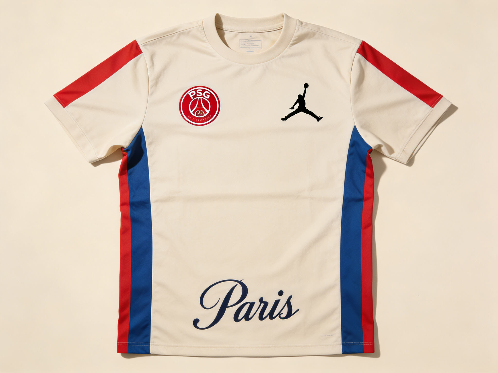 A clean shot of a PSG x Jordan jersey, displayed on a neutral background or worn in a street-style context.