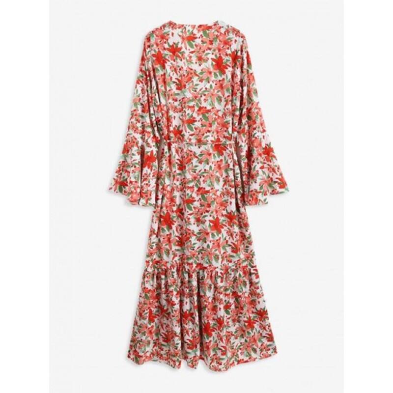Flower Print Belted Flare Sleeve Maxi Top UM9432