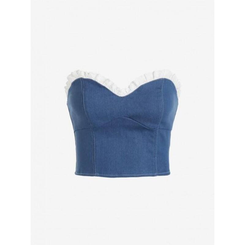 Denim Back Zip Contrast Ruffle Bandeau Corset Top SK2963