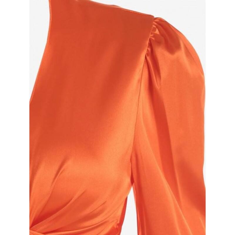 Satin Puff Sleeve Feather Trim Wrap Blouse PY6621