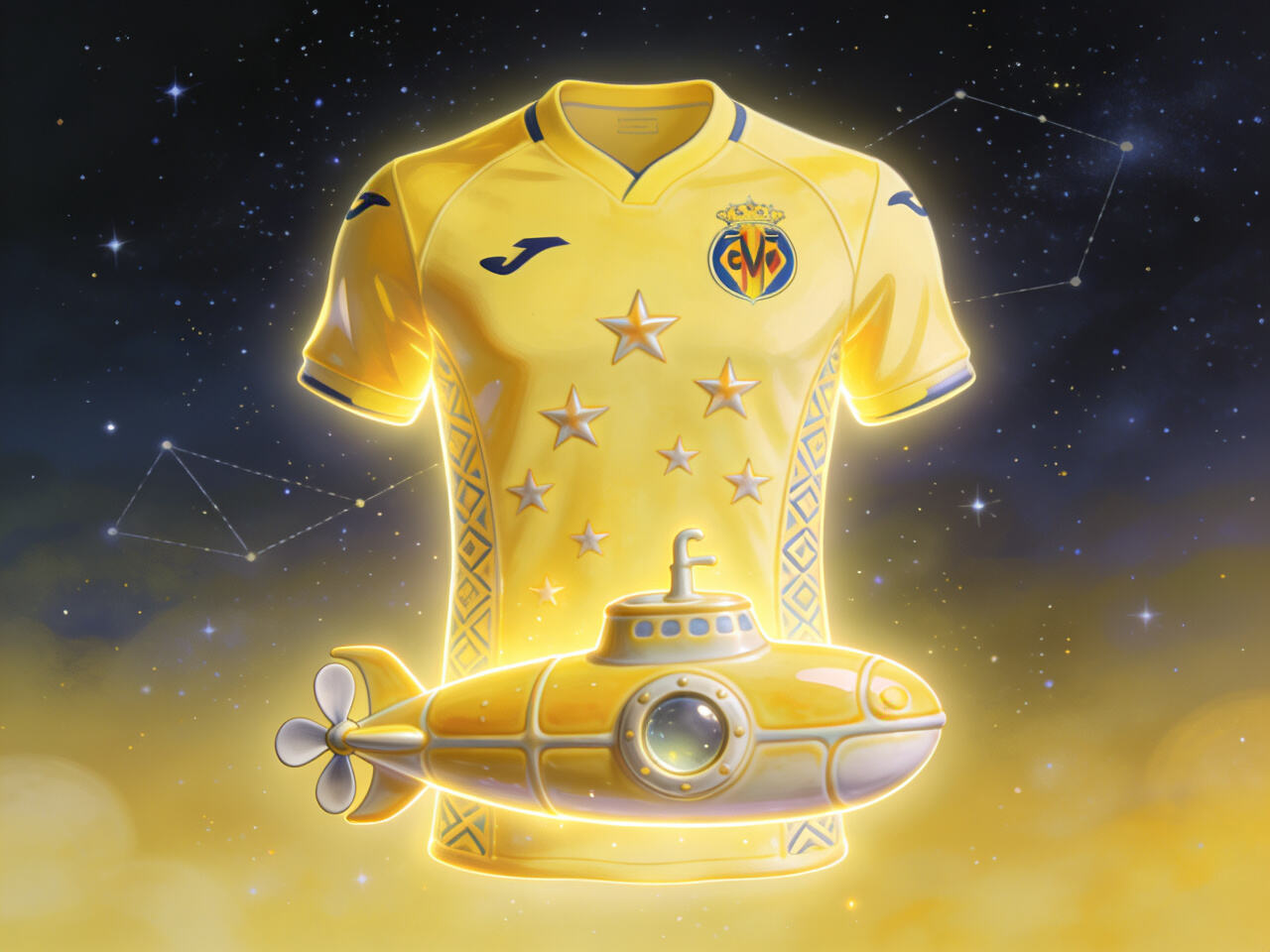 A Villarreal jersey glowing softly, perhaps with a subtle, dream-like effect or European star motifs.