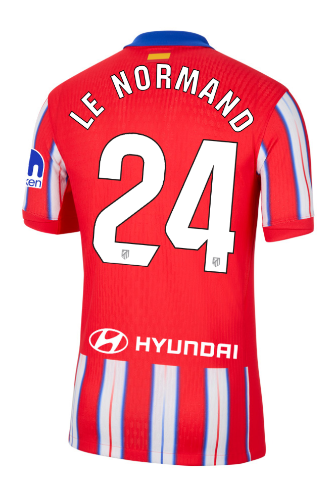 Atletico Madrid's 24-25 Laliga Home Jersey featuring LE NORMAND