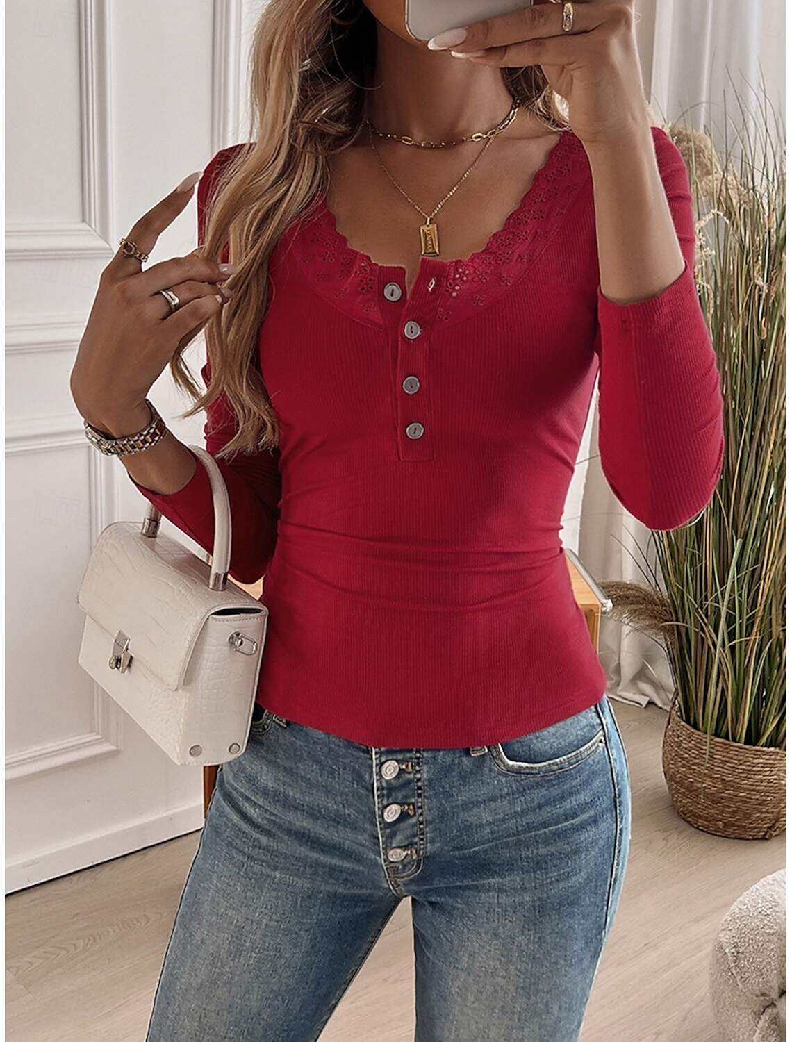 Women's Elegant Lace Tops Eyelet Blouse Elegant Daily Solid Color Regular Tops Long Sleeve Scoop Neck Regular Fit Daily Romantic Petite Tops Summer Holiday Wear