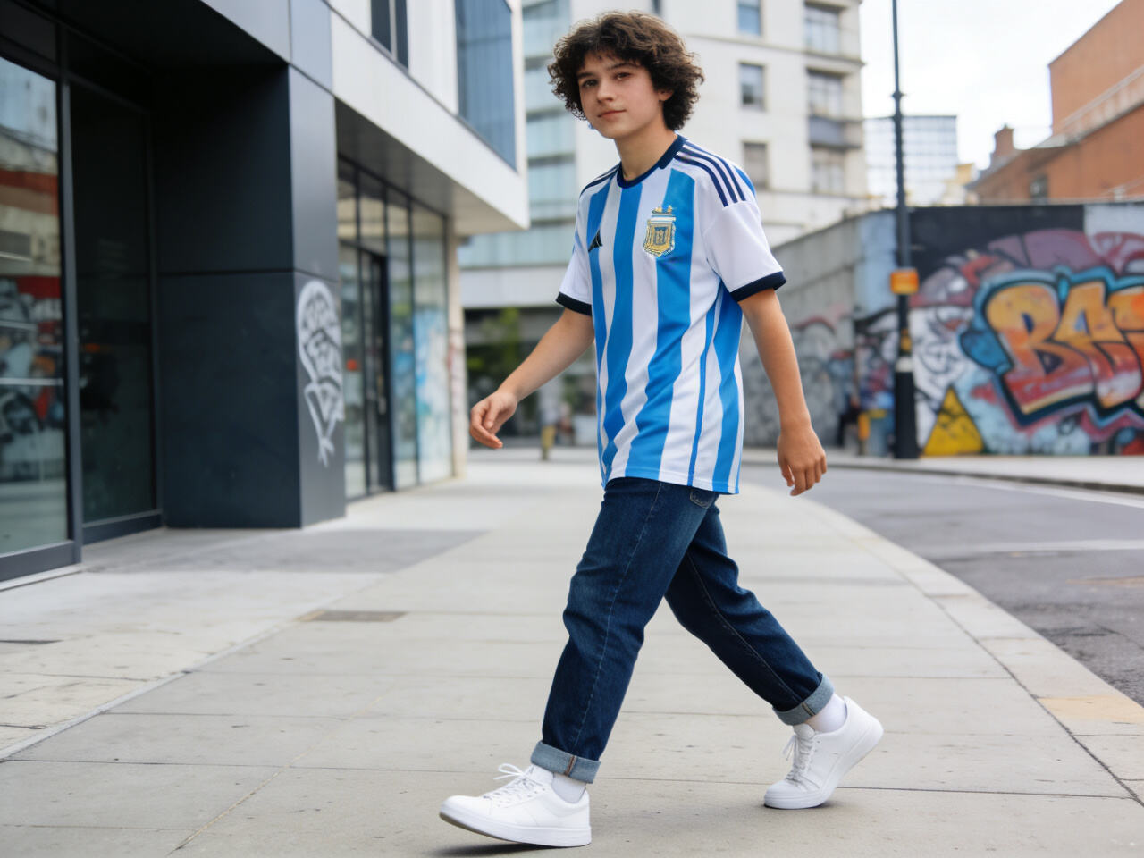 A person wearing a stylized national team jersey casually with denim and sneakers in an urban setting.