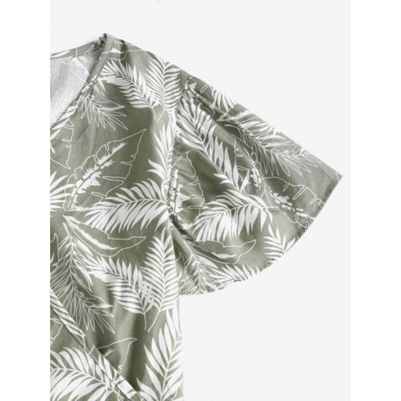 Leaf Print Tropical Surplice Tied Blouse HP5793