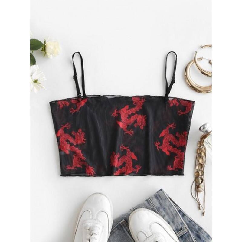 Cropped Oriental Dragon Sheer Mesh Cami Top AI0875