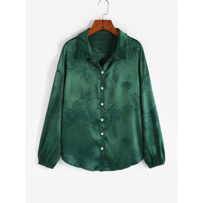 Leaves Jacquard Silky Satin Button Down Shirt KK3508