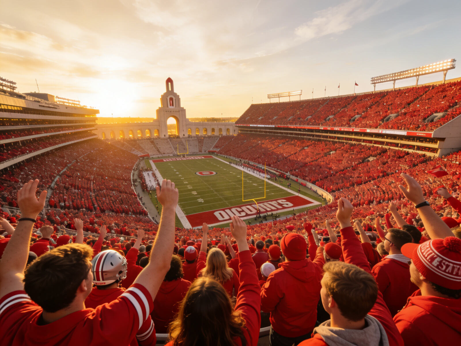 A breathtaking aerial view of Ohio Stadium (&ldquo;The Horseshoe&rdquo;) filled with fans in scarlet shirts, creating a massive &ldquo;Scarlet Sea&rdquo; on game day.