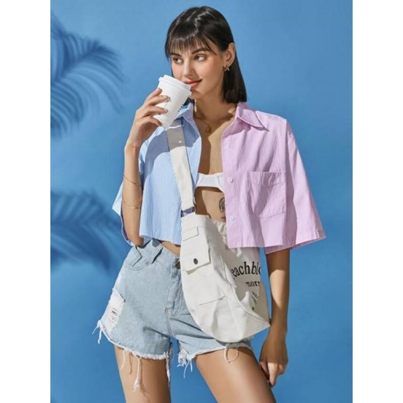 Front Pocket Two Tone Stripes Cropped Shirt NI9763