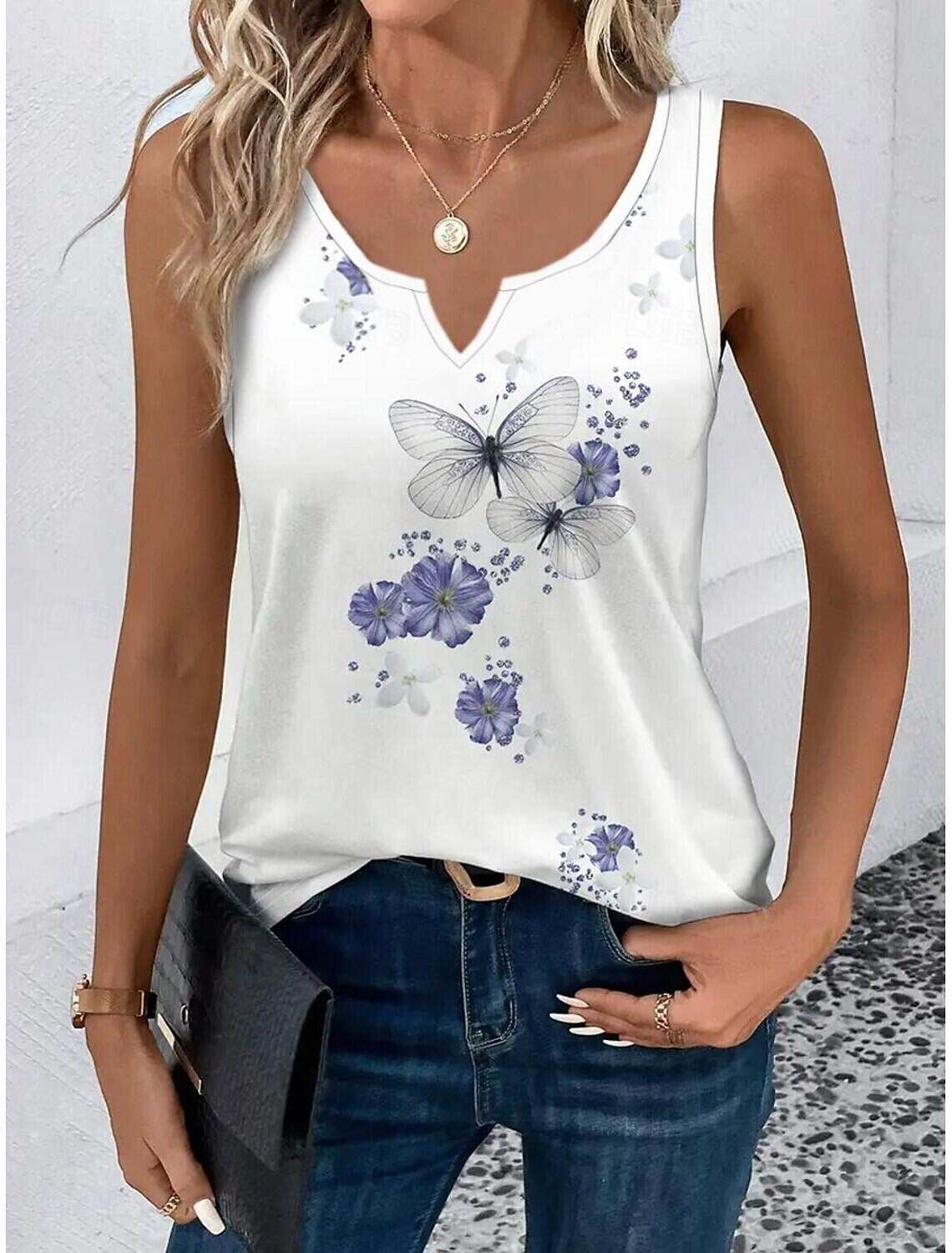 Women's Tank Top Casual Floral Butterfly Print Sleeveless Sleeveless Regular Tops Notched Neck Daily Summer