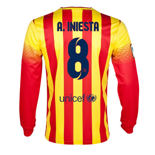 13-14 Barcelona 8 AIniesta Away Long Sleeve Soccer Jersey Shirt -