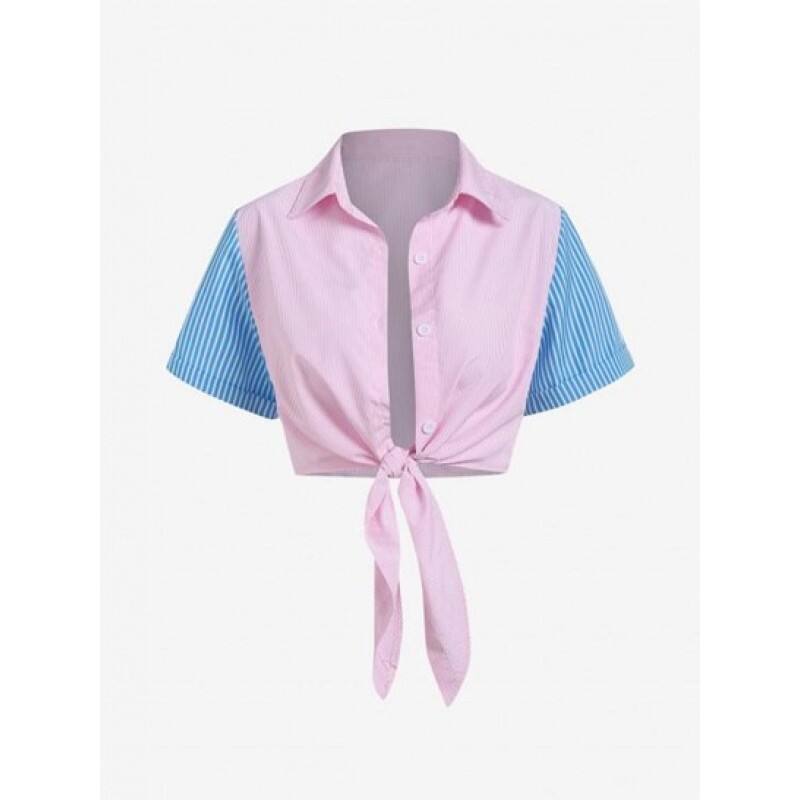 Contrast Striped Button Down Knotted Shirt UU3120