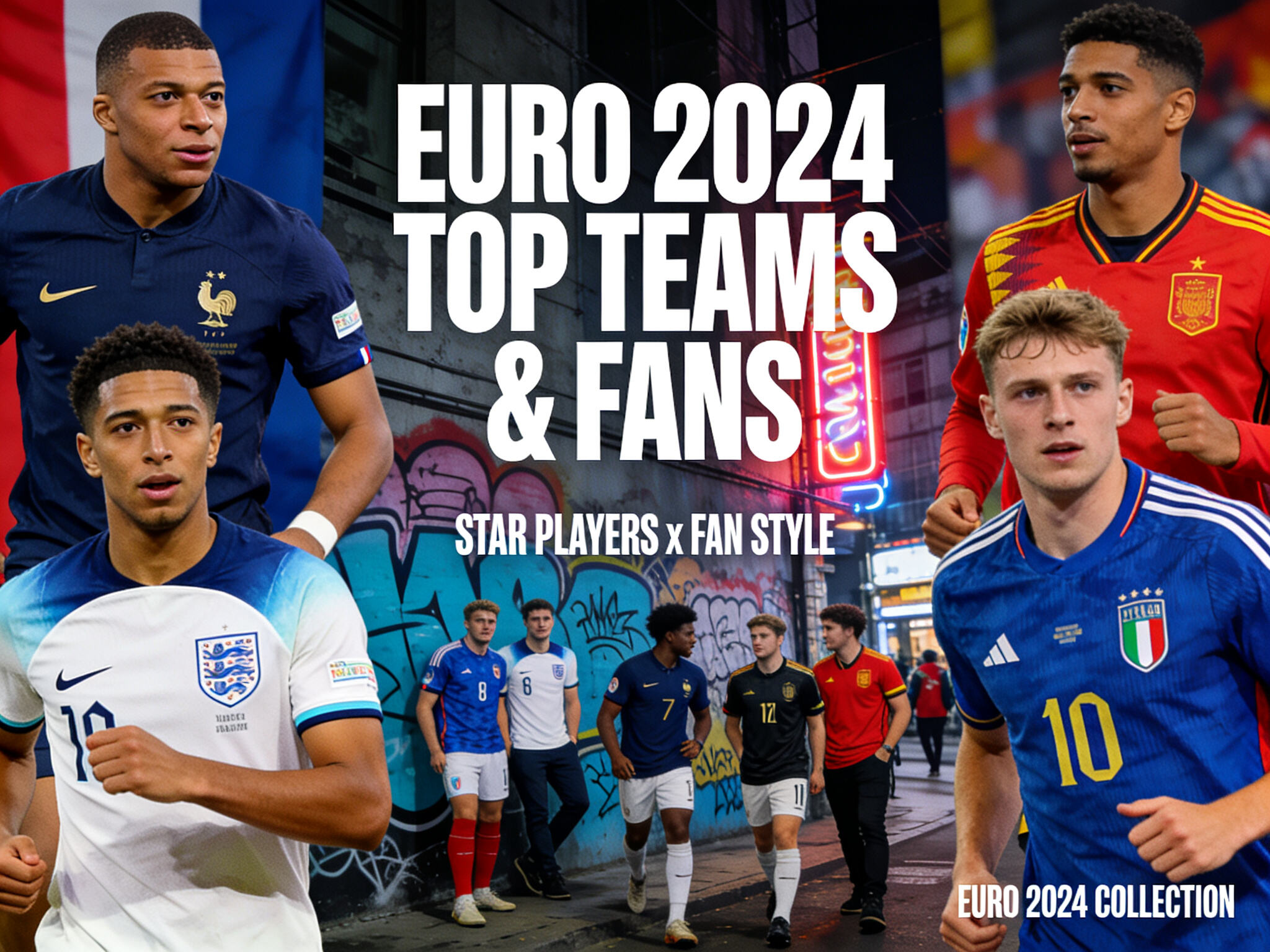 A dynamic collage capturing the spirit of Euro 2024: featured team jerseys, star player close-ups, and fans showcasing stylish streetwear looks with their kits.