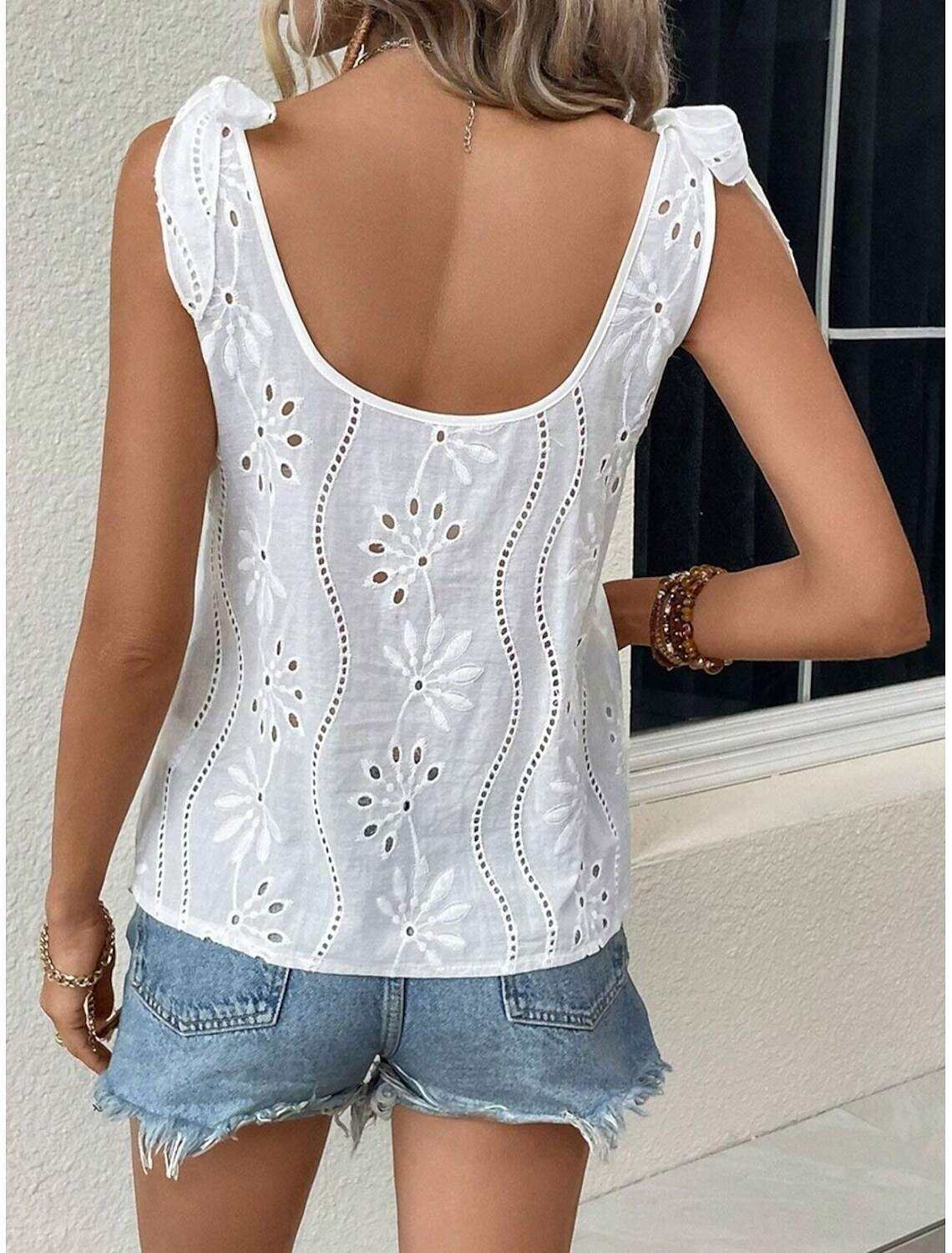 Women's Eyelet top Daily Casual Regular Tops Sleeveless Strap Embroidered Knotted Eyelet Loose Fit Daily Holiday Summer