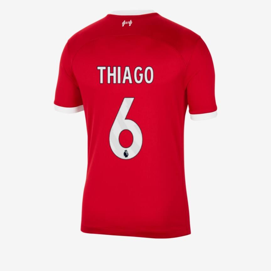 Liverpool's 23-24 Home Jersey featuring THIAGO with the number 6